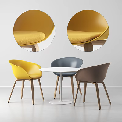 Modern Round Table and Chair Set with Colorful Upholstered Seats and Wooden Legs 3d model