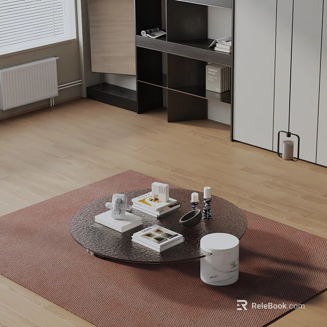 Modern Sofa and Coffee Table Set with Round Table on Red Rug Wooden Floor 3d model 