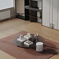 Modern Sofa and Coffee Table Set with Round Table on Red Rug Wooden Floor