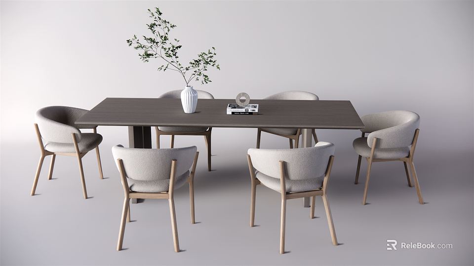Modern Dark Dining Table Set With Light Gray Chairs Wooden Legs White Vase Green Plants 3d model 