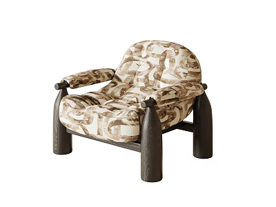Stylish Single Sofa With Abstract Geometric Pattern Brown Beige Tones Curved Armrests Dark Wooden Legs 3d model