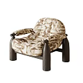 Stylish Single Sofa With Abstract Geometric Pattern Brown Beige Tones Curved Armrests Dark Wooden Legs