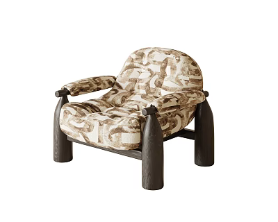 Stylish Single Sofa With Abstract Geometric Pattern Brown Beige Tones Curved Armrests Dark Wooden Legs 3d model