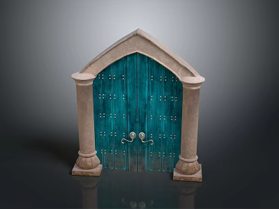 Teal Wooden Arched Main Entrance Door With Stone Columns And Metal Rivets 3d model