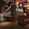 Traditional Japanese Restaurant Interior With Cherry Blossom Decor Hanging Lanterns Wooden Bar Counter And Lattice Ceiling