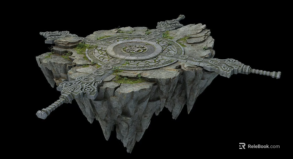 Cartoon Scene Of Floating Stone Platform With Intricate Carvings And Mossy Details 3d model 