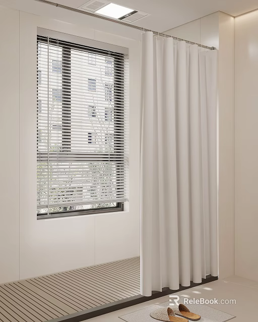 White Blinds And Curtains On Modern Room Window Interior Design 3d model