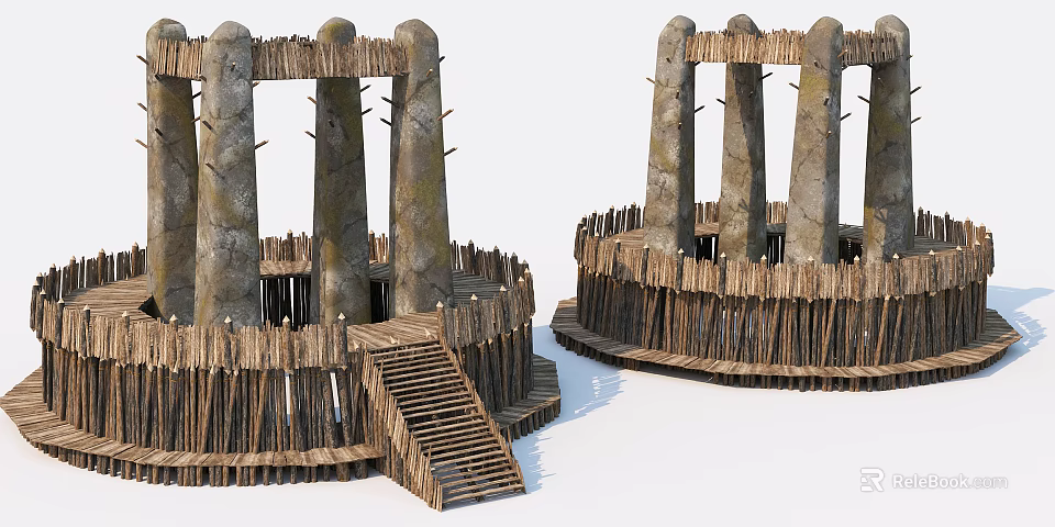 Rustic Wooden Circular Structures With Pillars Fences And Staircase Platforms 3d model