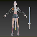 Woman with purple hair wearing black jacket white top shorts knee-high boots beside blue sword 3d model