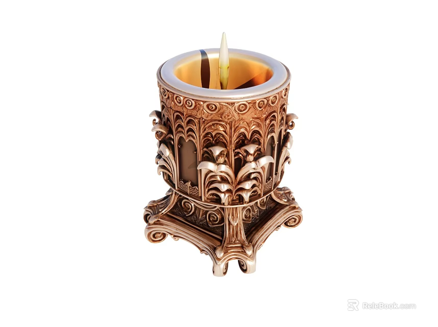 Decorative Carved Candle Holder With Lit Candle And Intricate Ornate Patterns 3d model 