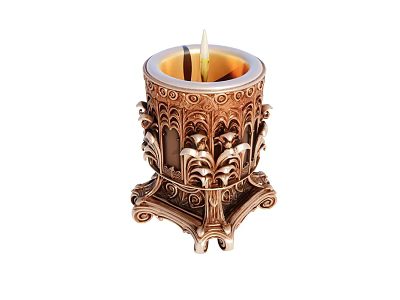 Decorative Carved Candle Holder With Lit Candle And Intricate Ornate Patterns 3d model