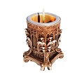 Decorative Carved Candle Holder With Lit Candle And Intricate Ornate Patterns