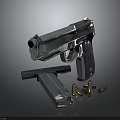 Silver Metallic Pistol With Magazine And Bullets On Reflective Black Surface 3d model