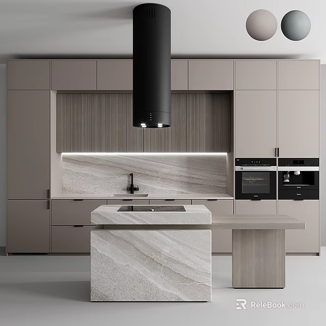Sleek Modern Kitchen Interior With Marble Island Range Hood Oven And Gray Cabinets 3d model 