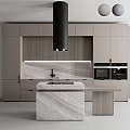 Sleek Modern Kitchen Interior With Marble Island Range Hood Oven And Gray Cabinets