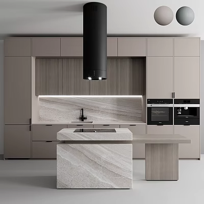Sleek Modern Kitchen Interior With Marble Island Range Hood Oven And Gray Cabinets 3d model