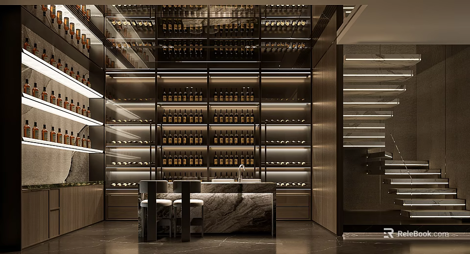 Modern Wine Display Space With Glass Racks And Marble Counter 3d model 