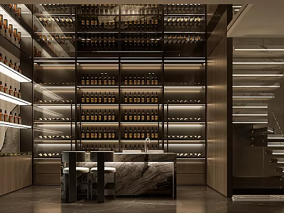Modern Wine Display Space With Glass Racks And Marble Counter 3d model