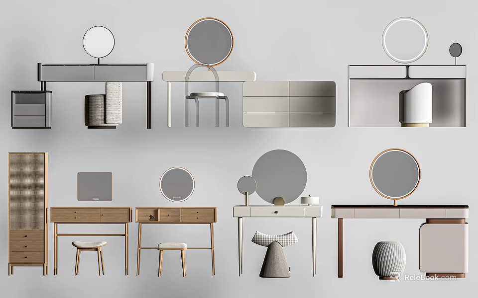 Modern Dressing Tables With Round Mirrors Drawers And Stools In Various Styles 3d model