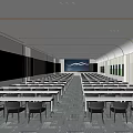 Spacious Modern Conference Room With Rows Of Chairs Wavy Backdrop Wall And Ceiling Lighting