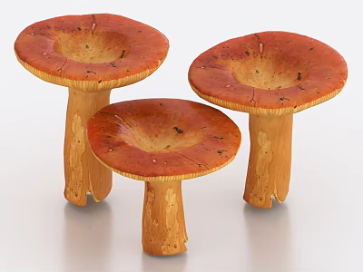 Three Fresh Red Cap Mushrooms with Light Brown Stems on White Background 3d model