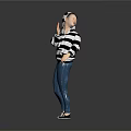 Person In Black And White Striped Hoodie Blue Jeans White Sneakers On Gray Background