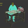 Game Movie Character White Haired Bearded Sitting At Wooden Desk With Stacked Papers And Books