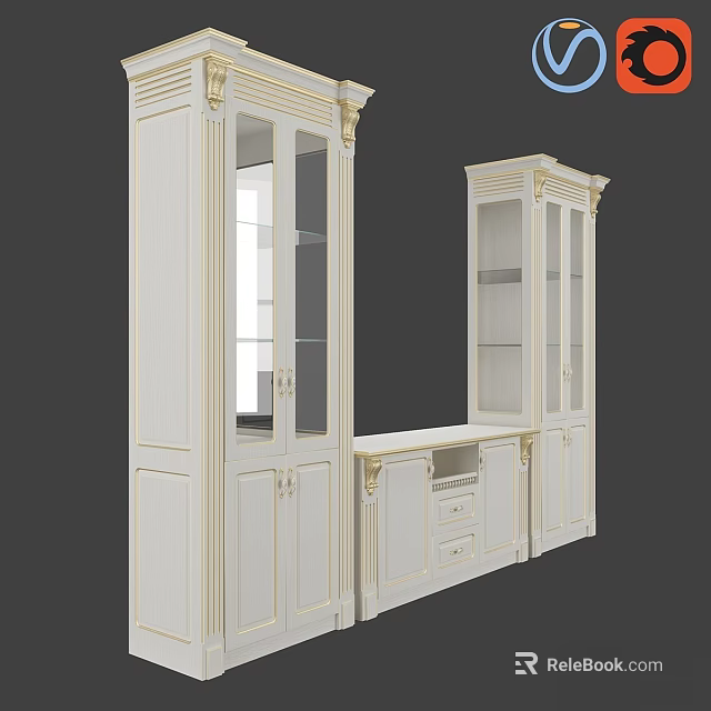Classic White TV Wall Design With Glass Door Cabinets And Drawer Storage 3d model 