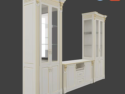 Classic White TV Wall Design With Glass Door Cabinets And Drawer Storage 3d model