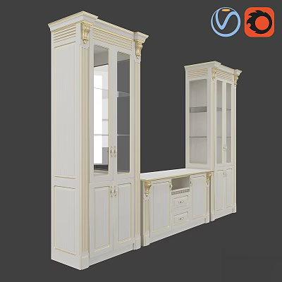Classic White TV Wall Design With Glass Door Cabinets And Drawer Storage 3d model