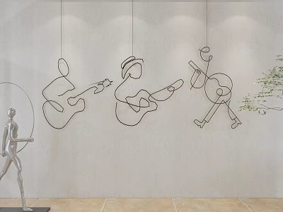 Modern Line Art Wall Decor Featuring Guitar Players with Silver Sculpture and Green Plant 3d model