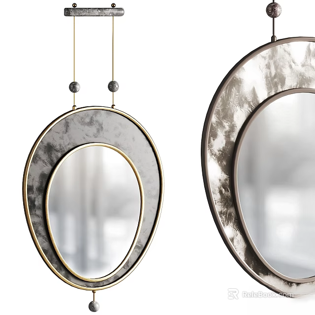 Elegant Modern Round Mirrors With Marble Pattern And Metal Hanging Frames 3d model 