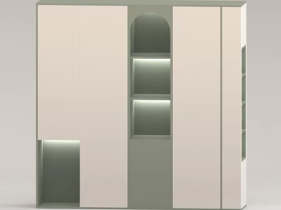 Modern Wardrobe Design With White And Light Green Panels Arched Detail And Lit Open Shelves 3d model