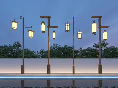 Outdoor Lantern Style Lights With Metal Poles For Garden Evening Illumination 3d model