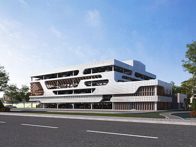 Modern Multi storey Building Exterior With Geometric Glass Facade And Green Landscaping Around 3d model