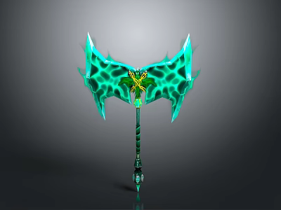 Fantasy Axe With Symmetric Green Glowing Blade And Yellow Accent Handle 3d model