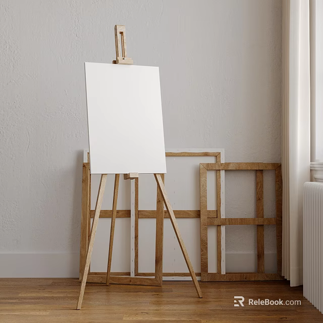 Art Supplies Including Wooden Easel Blank Canvas And Frames In White Wall Room Corner 3d model 