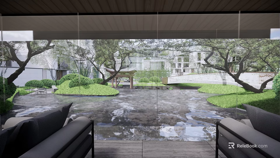 Tranquil Garden Landscape Design With Reflecting Pond Lush Greenery And Wooden Pavilion 3d model 