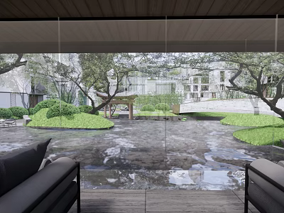 Tranquil Garden Landscape Design With Reflecting Pond Lush Greenery And Wooden Pavilion 3d model