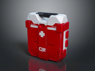 Red Industrial Oxygen Supply Equipment With White Cross And O2 Label In Protective Case 3d model