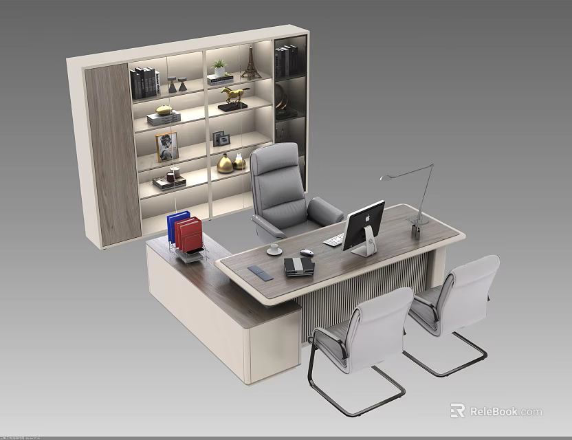 Modern Office Interior Design With Ergonomic Desk Computer Chairs And Wooden Bookshelf 3d model 