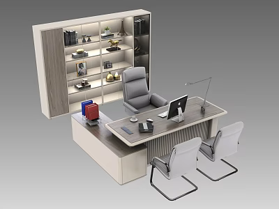 Modern Office Interior Design With Ergonomic Desk Computer Chairs And Wooden Bookshelf 3d model