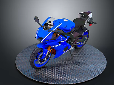 Sleek Blue Sport Motorcycle With Black Seat On Metallic Circular Platform 3d model