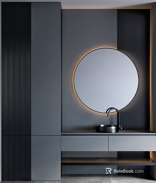 Modern Washbasin with Round Mirror LED Lighting Gray Cabinet and Black Faucet 3d model 