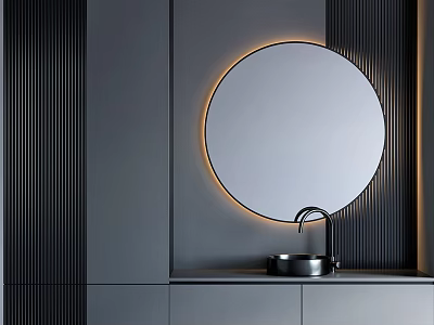 Modern Washbasin with Round Mirror LED Lighting Gray Cabinet and Black Faucet 3d model