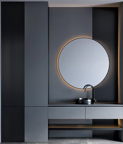 Modern Washbasin with Round Mirror LED Lighting Gray Cabinet and Black Faucet 3d model