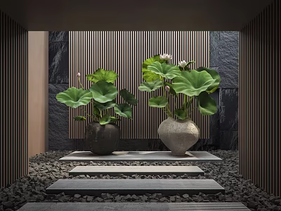 Two Vases With Lotus Leaves And Green Foliage On Stone Steps Against Wooden Slat Wall 3d model