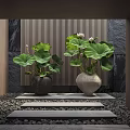 Two Vases With Lotus Leaves And Green Foliage On Stone Steps Against Wooden Slat Wall