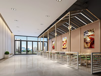 Modern Restaurant Interior With Open Design Dining Tables Chairs And Decorative Paintings 3d model