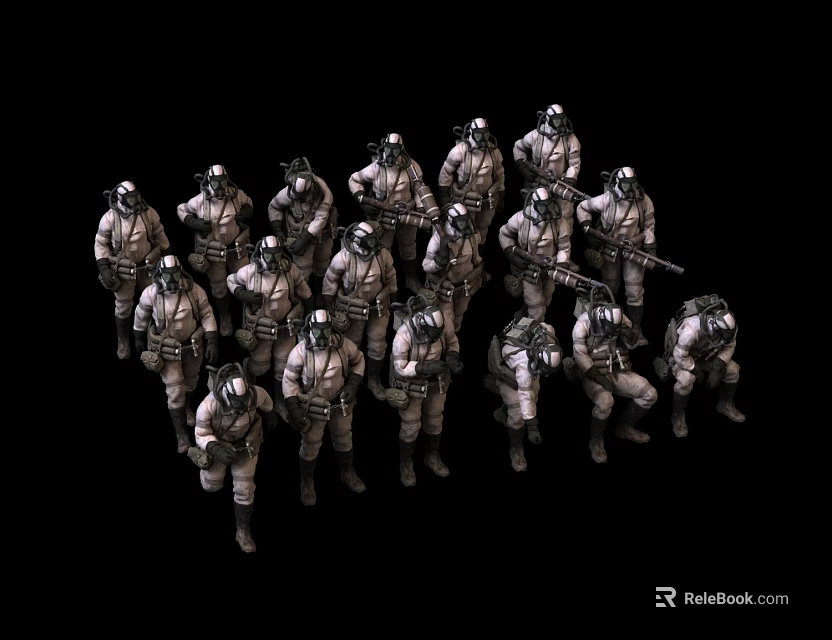 Men in Protective Gear Holding Guns Standing Together in Group Formation 3d model 